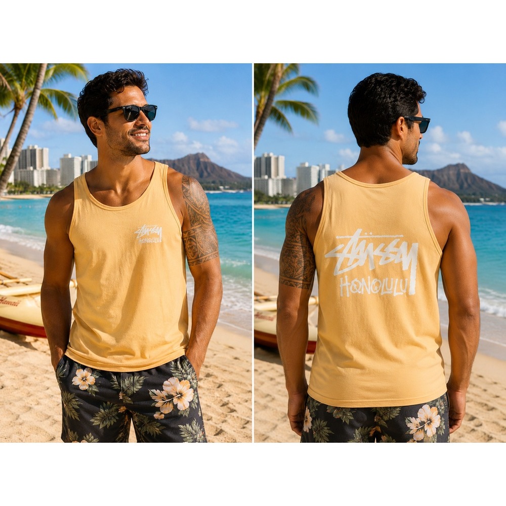 Stussy Honolulu Tank Top XL Beige Sand Graphic Surf Skate Cotton Shirt CUT TAG